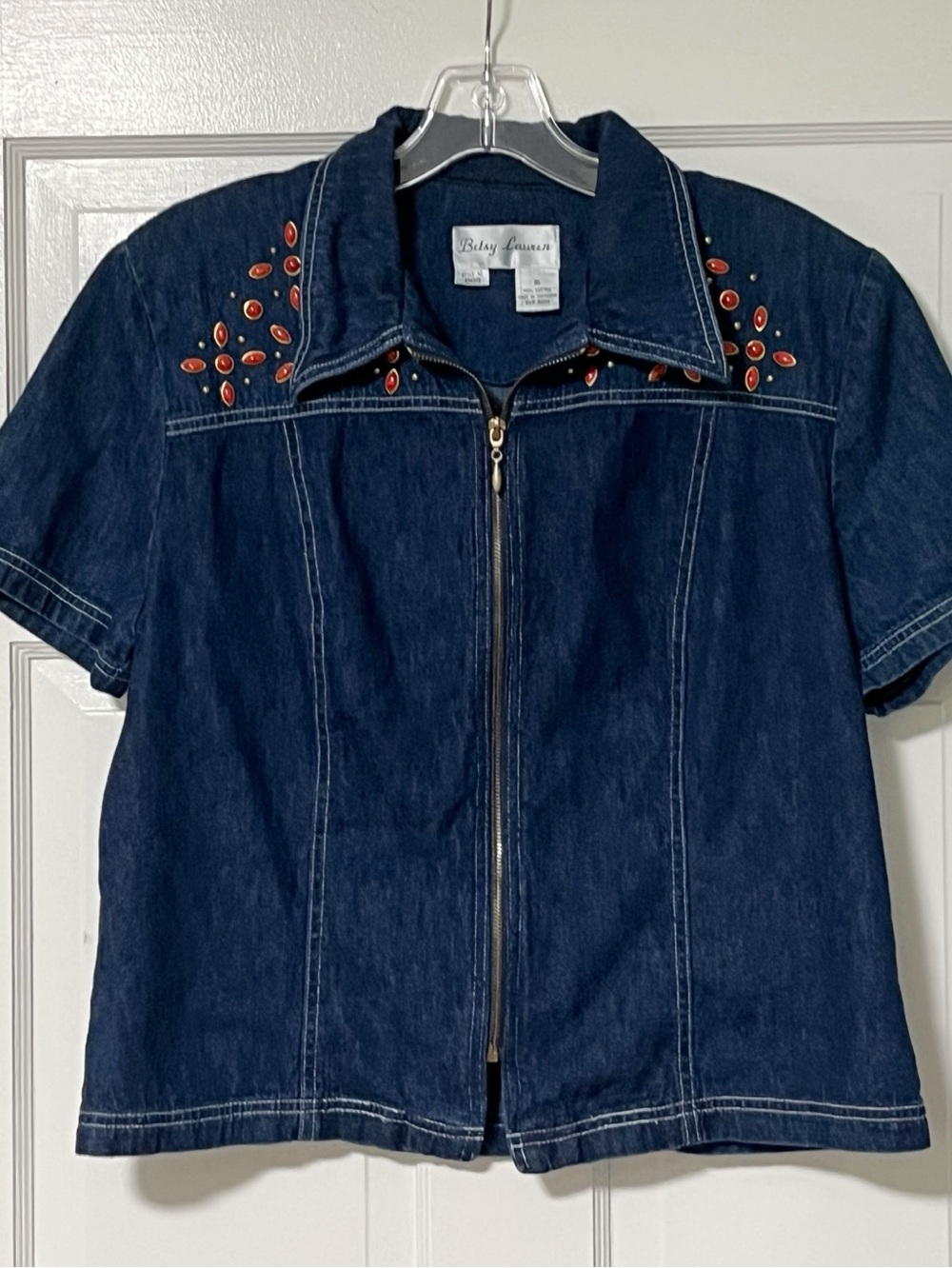 Betsy Lauren Retro Dark Denim Zip-Front Top with Red Gem Embellishments